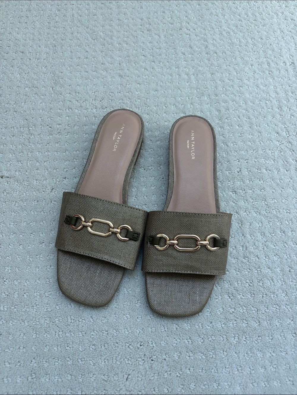 Ann Taylor new w/o tag Olive Green Slide Sandals with Gold Chain Accent